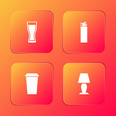 Sticker - Set Glass of beer, Lighter, Coffee cup and Table lamp icon. Vector