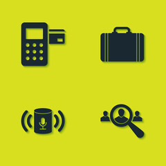 Poster - Set Pos terminal, Magnifying glass for search people, Voice assistant and Suitcase travel icon. Vector