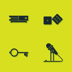 Poster - Set Video game console, Microphone, Ancient key for and Game dice icon. Vector