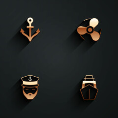 Wall Mural - Set Anchor, Boat propeller, Captain of ship and Yacht sailboat icon with long shadow. Vector