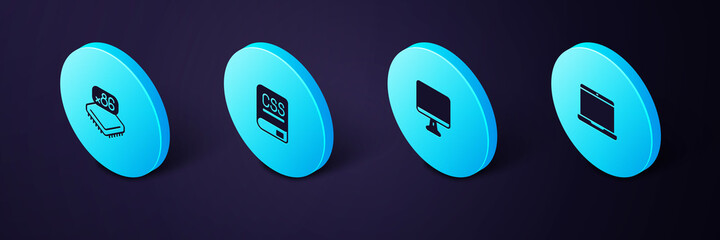 Set Isometric Laptop, Computer monitor screen, Books about programming and Processor with microcircuits CPU icon. Vector