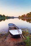 Fototapeta Na sufit - Abandoned fishing boat at dawn on the banks of Tisza River in Hungary