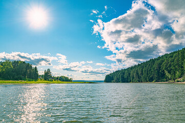 Wall Mural - the blue sky, the sun and the forest are reflected in the river on a summer day.