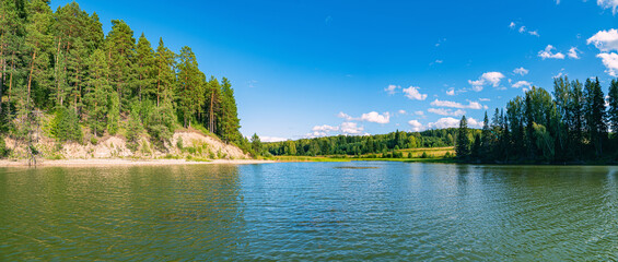 Wall Mural - the blue sky and forest are reflected in the river on a summer day.