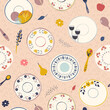 © An Chubenko - Ceramic dishes, beautiful dishes with a floral pattern. Seamless pattern