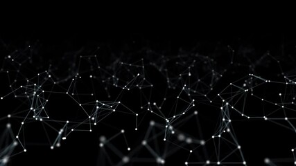 Poster - Abstract network of moving glowing dots and lines. Network or digital connection. Technology background. 3d rendering. 4K. Seamless loop.