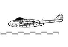 De Havilland Vampire F.Mk 1 Spider Crab. Vector Drawing Of Early Jet Fighter-bomber Aircraft. Side View. Image For Illustration And Infographics.