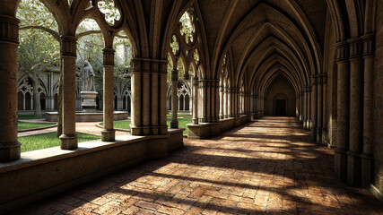 Poster - 3D rendering of a gothic medieval cloisters and courtyard.