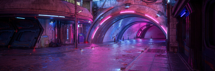 Aufkleber - Wide panoramic 3D rendering of a dark moody futuristic cyberpunk city street.