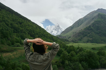 Wall Mural - woman hiker nature mountains landscape fresh air