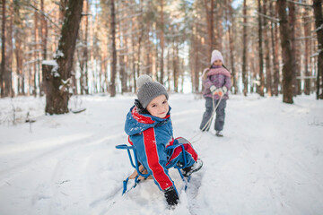 Happy friends have fun in wonderland, little girl pulls a sledge with sister and brother across snow-covered winter forest, outdoor family weekend at snowing day