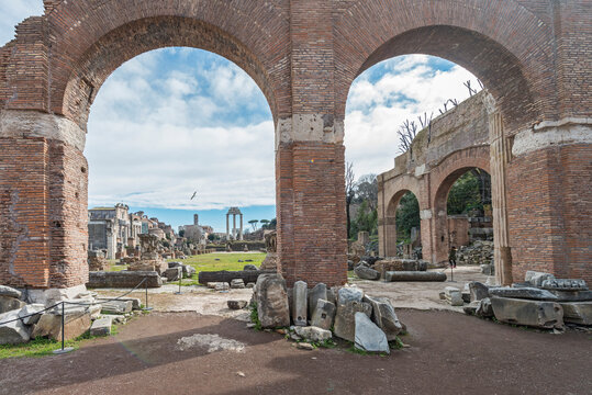 The Basilica Julia ruins. This archeological place in the Roman Forum was used for official business during the early Roman Empire. It was built in 46 BC by Julius Caesar, Rome, Italy, Feb 2015