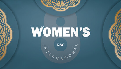 International women's day greeting card template in blue color with vintage gold ornament