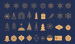 © Marina Zlochin - Simple Christmas background, golden geometric minimalist elements and icons. Happy new year banner. Xmas tree, snowflakes, decorations elements. Retro clean concept design