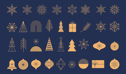 simple christmas background, golden geometric minimalist elements and icons. happy new year banner. 