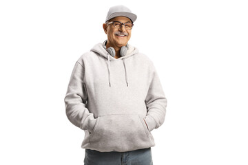 Poster - Smiling cool mature man with headphones wearing a hoodie