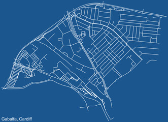 Wall Mural - Detailed navigation urban street roads map on blue technical drawing background of the quarter Gabalfa electoral ward of the Welsh capital city of Cardiff, United Kingdom