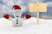Snowman Into Snowdrift And Wooden Banner. 3D Illustration