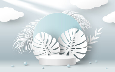 Wall Mural - Blank white product podium and paper tropical monstera leaves on blue background 3D vector illustration