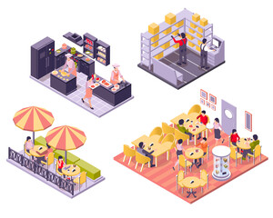 Restaurant Cafe Isometric Interiors Icon Set