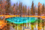 geyser blue lake altai winter landscape, mountain lake thermal spring
