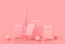 Suitcase With Beach Ball, Umbrella And Chair On Monochrome Pink Background