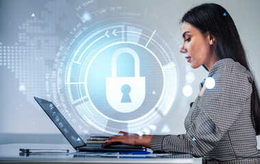 Poster - Businesswoman with laptop on desk, hologram with lock and icons