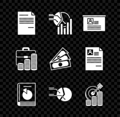 Sticker - Set Document, Pie chart infographic, Board with resume, User manual, Target coin symbol, Briefcase and and Stacks paper money cash icon. Vector