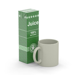 Poster - Juice box with mug isolated on white background. 3D Illustration.