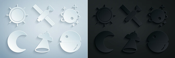 Sticker - Set UFO flying spaceship, Planet, Moon and stars, Death, Satellite and Sun icon. Vector