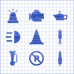 Sticker - Set Traffic cone, No Parking or stopping, Car spark plug, Shock absorber, Signal horn vehicle, High beam, Canister for motor machine oil and Flasher siren icon. Vector