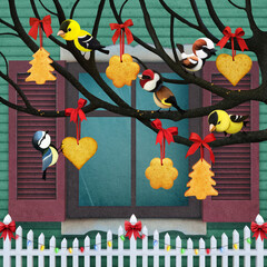 Wall Mural - Holiday greeting card or illustration with Christmas. Little birds on the tree are eating Christmas cookies hanging on red bows. 