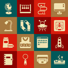 Poster - Set Gamepad, Rocket ship, Insects in frame, Book, Socks, Table lamp, Earth globe and UFO flying spaceship icon. Vector