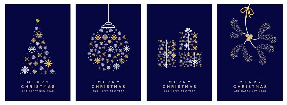 モダンでシンプルなクリスマスカードセット4種（青）　Merry Christmas modern card set elements greeting text lettering blue background