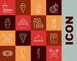 Set line Crossed fork, Doner kebab, Glass of lemonade with drinking straw, Popcorn bowl, Ice cream waffle cone, Paper glass and hotdog and Burger icon. Vector