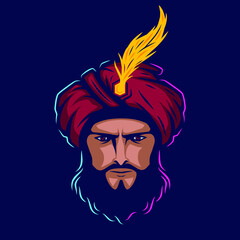 Wall Mural - Sultan arabian king logo vector line neon art potrait colorful design with dark background. Abstract graphic illustration