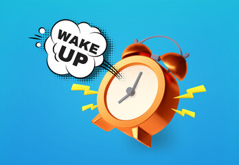 Wake up poster with alarm clock. Good morning. Alarming ring.