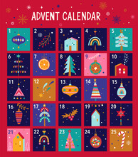 Christmas Advent Calendar With Hand Drawn Christmas Elements For Kids. Christmas Trees, Balls, Houses And Baubles For Design Your Calender. Xmas Isolated Cozy Decor Elements.Vector Illustration.