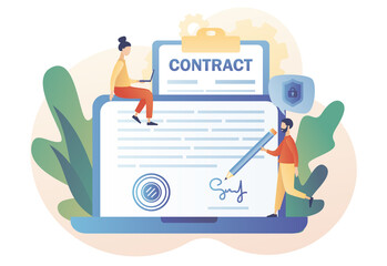 Wall Mural - Tiny business people signing agreement, legal document or contract on laptop web site. Contract online. Digital signature. Modern flat cartoon style. Vector illustration on white background