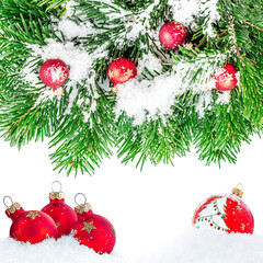Wall Mural - Christmas background with fir branches and  decorations   isolated on white background.
