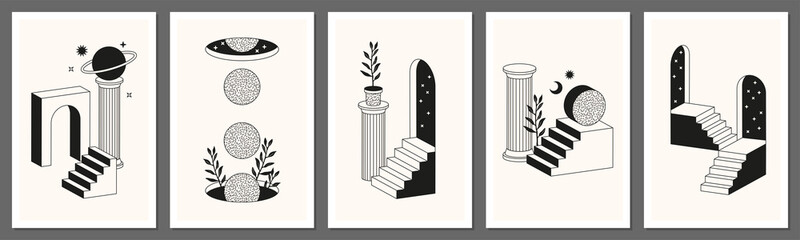 Wall Mural - Surreal abstract posters and cards in trendy minimal line art style. Columns, stairs, arch, geometric shapes.