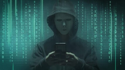 Wall Mural - Portrait of computer hacker in hoodie. Obscured dark face. Data thief, internet fraud, darknet and cyber security.