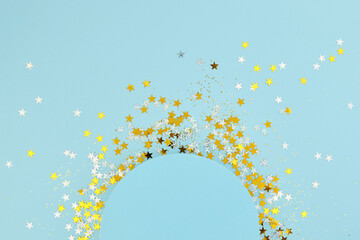 New Year, Christmas, or Birthday background. Round podium and scattered holiday confetti.