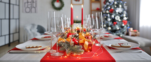 Wall Mural - Beautiful table setting with Christmas decorations in living room