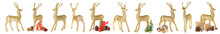 Set Of Golden Christmas Reindeer With Decorations On White Background