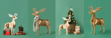 Set Of Wooden Reindeer With Christmas Decorations On Green Background