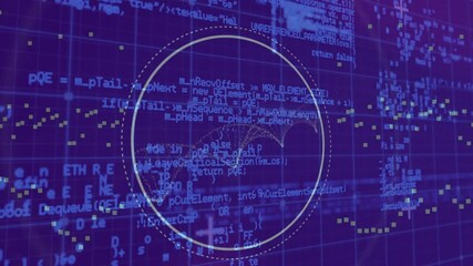 Sticker - Animation of circular scanner with rotating dna helix over blue grid and processing data on purple