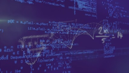 Poster - Animation of processing blue data and equations with dna helix rotating on blue screen