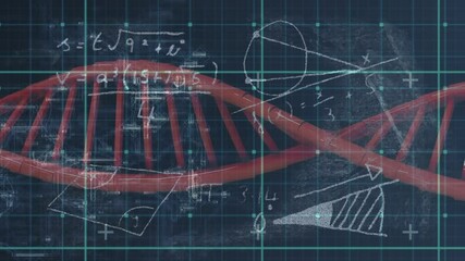 Poster - Animation of blue grid over red dna strand, equations and diagrams, on black
