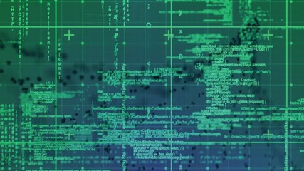 Poster - Animation of green grid with black particles forming dna helix and green data processing, on green